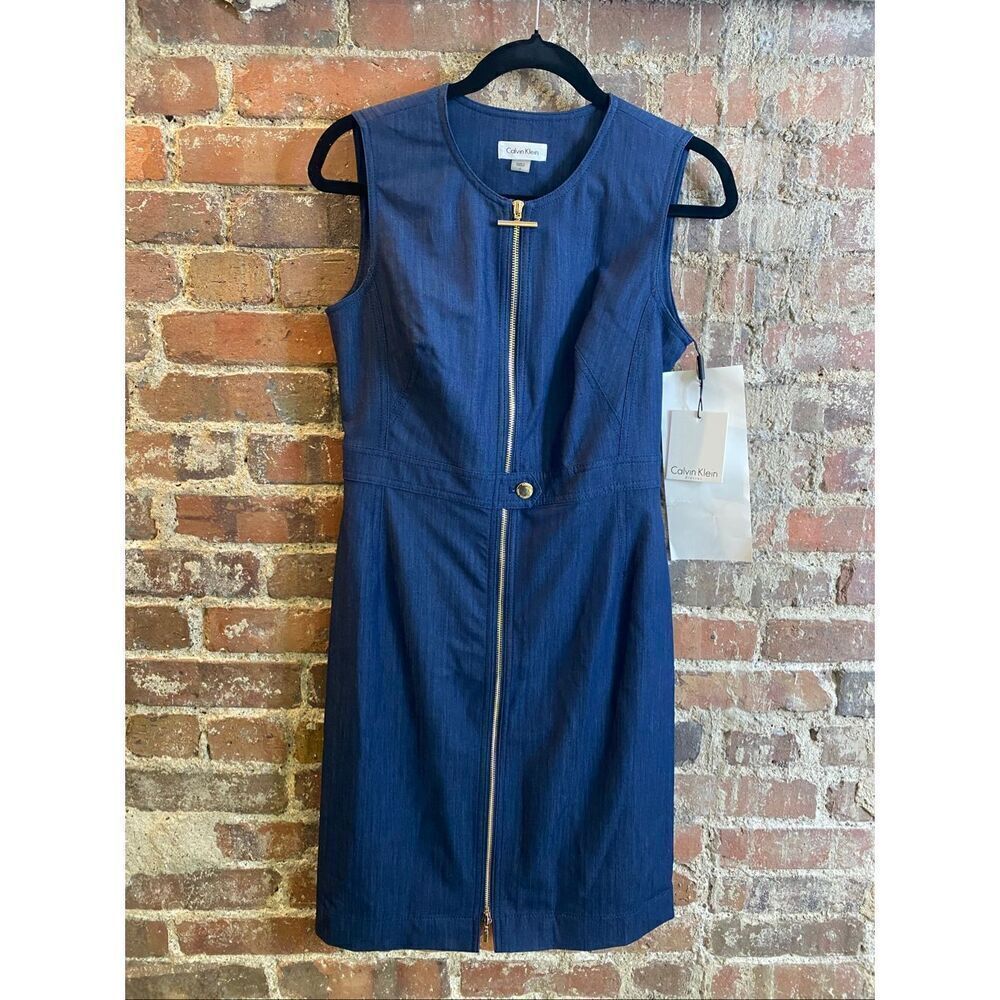 CALVIN KLEIN • NWT • Blue Denim Sleeveless Gold Detail Front Zip Knee-Length Dre